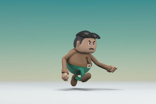 The man  with mustache wearing a brown long shirt green pants.  He is doing exercise. 3d illustrator of cartoon character in acting.
