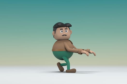 The man  with mustache wearing a brown long shirt green pants.  He is expression  of body and hand when talking.  3d illustrator of cartoon character in acting.