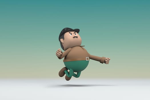 The man  with mustache wearing a brown long shirt green pants. He is jumping. 3d illustrator of cartoon character in acting.