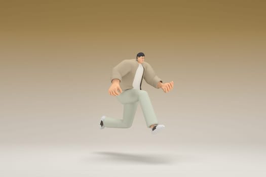 A man with glasses wearing brown cloth is running.  3d rendering of cartoon character in acting.