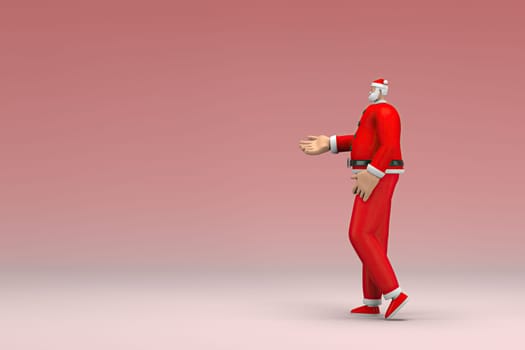 A man wearing Santa Claus costume. He is expression of hand when talking. 3d rendering of cartoon character in acting.