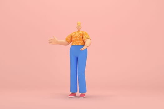 The woman with golden hair tied in a bun wearing blue corduroy pants and Orange T-shirt with white stripes.  She is expression  of hand when talking. 3d rendering of cartoon character in acting.