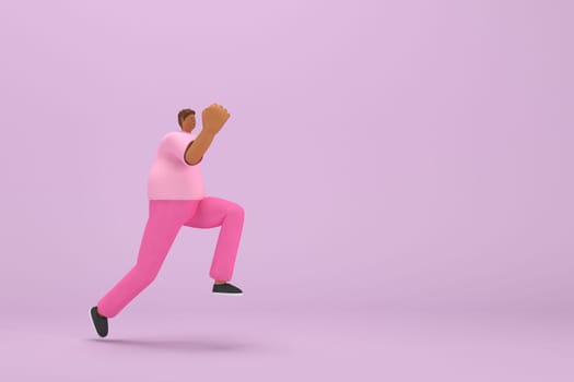 The black man with pink clothes.  He is running. 3d illustrator of cartoon character in acting.