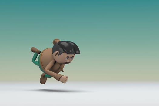 The man  with mustache wearing a brown long shirt green pants. He is falling down. 3d illustrator of cartoon character in acting.