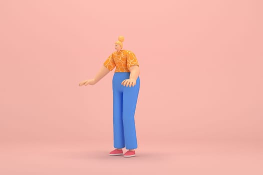 The woman with golden hair tied in a bun wearing blue corduroy pants and Orange T-shirt with white stripes.  She is expression  of hand when talking. 3d rendering of cartoon character in acting.