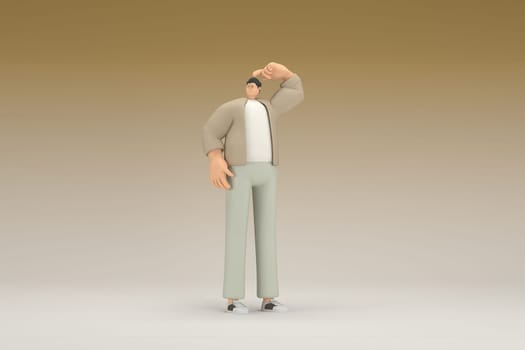 A man with glasses wearing brown cloth. He is expression of hand when talking. 3d rendering of cartoon character in acting.