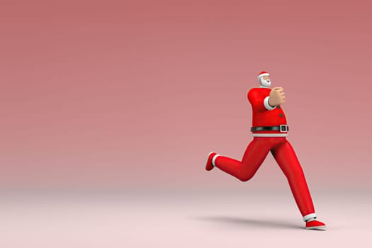 A man wearing Santa Claus costume is running. 3d rendering of cartoon character in acting.