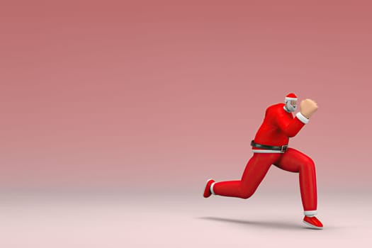A man wearing Santa Claus costume is running. 3d rendering of cartoon character in acting.