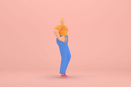 The woman with golden hair tied in a bun wearing blue corduroy pants and Orange T-shirt with white stripes.  She is expression  of hand when talking. 3d rendering of cartoon character in acting.
