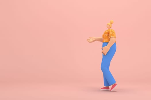 The woman with golden hair tied in a bun wearing blue corduroy pants and Orange T-shirt with white stripes.  She is expression  of hand when talking. 3d rendering of cartoon character in acting.