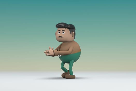 The man  with mustache wearing a brown long shirt green pants.  He is expression  of body and hand when talking.  3d illustrator of cartoon character in acting.