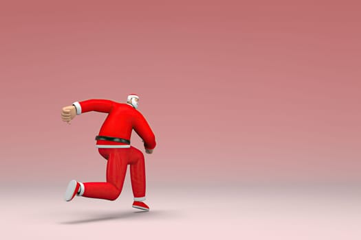 A man wearing Santa Claus costume is running. 3d rendering of cartoon character in acting.