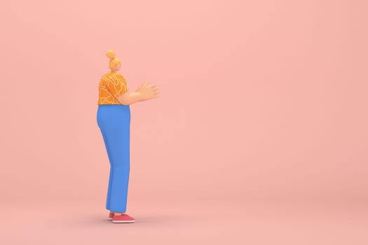 The woman with golden hair tied in a bun wearing blue corduroy pants and Orange T-shirt with white stripes.  She is expression  of hand when talking. 3d rendering of cartoon character in acting.