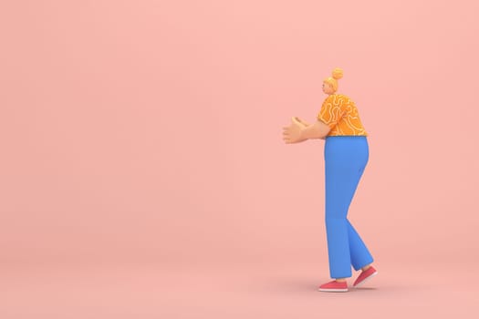 The woman with golden hair tied in a bun wearing blue corduroy pants and Orange T-shirt with white stripes.  She is expression  of hand when talking. 3d rendering of cartoon character in acting.