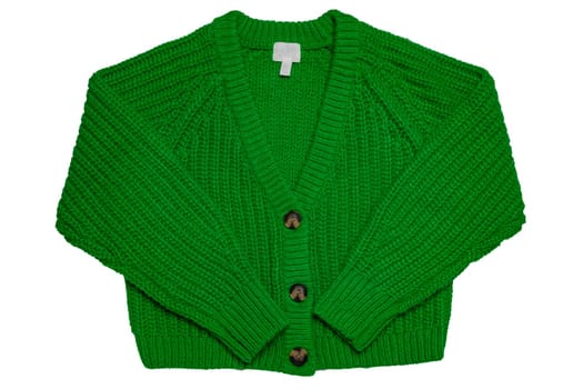 Casual elegant fluffy long-sleeved cardigan with V-neck and button closure isolated on a white background. Womens green sweater or jumper. Autumn and winter fashion.