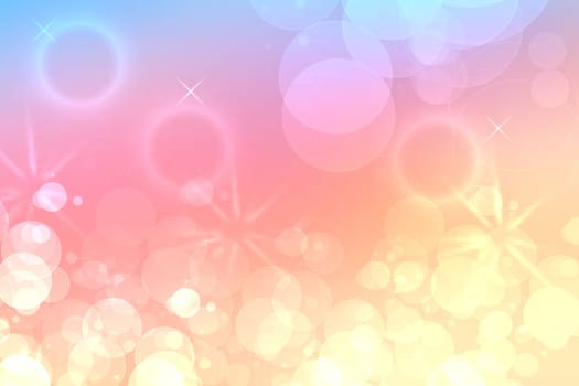 Abstract blurred fresh vivid spring summer light delicate pastel yellow pink orange blue bokeh background texture with bright circular soft color lights and stars. Beautiful backdrop illustration.