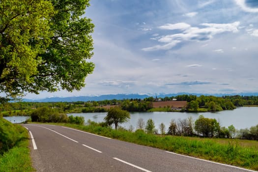 Panorama of countryside, the french Pyrenees mountains in background
