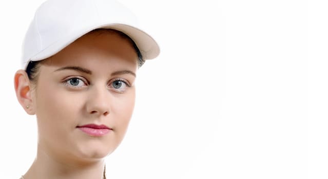 a close up of the face of a pretty young woman with a white cap