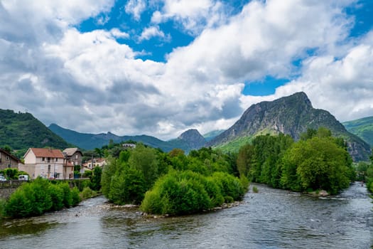 view of Overview of river and countryside, Tarascon-sur-Ariege, Ariege, Midi-Pyrenees