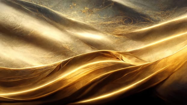 Abstract art fluid golden waves background full frame with bright lightning. Artificial Art.