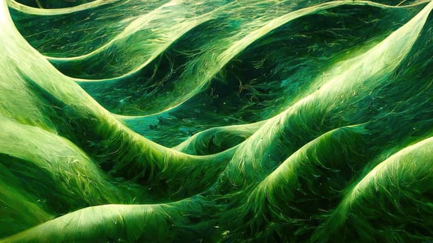 Green trendy gradient abstract waves full frame horizontal. Generated Artificial Art.