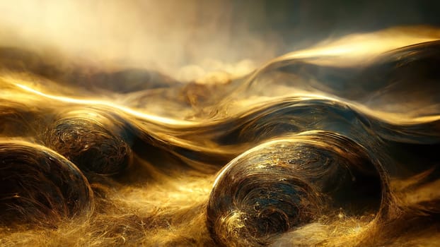 Abstract art fluid golden waves background full frame with bright lightning. Artificial Art.