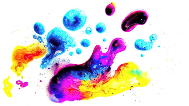 Colorful wet paint splashes in horizontal banner on bright background. Artificial Art.