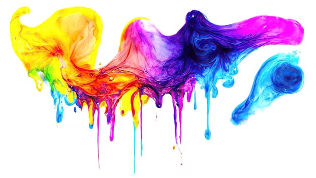 Colorful acryl paint splashes on wall dripping down in horizontal banner on bright background. Artificial Art.