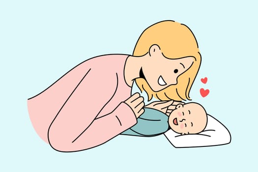 Smiling young mother play with cute newborn baby. Happy mom cuddle little child infant enjoy motherhood. Parenting concept. Vector illustration.