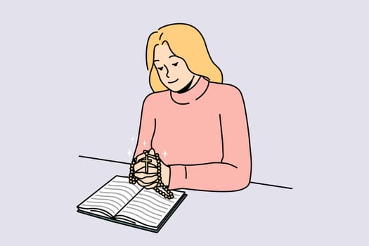 Religious young woman read bible pray with rosary. Female believer praying to god in church. Faith and religion. Vector illustration.