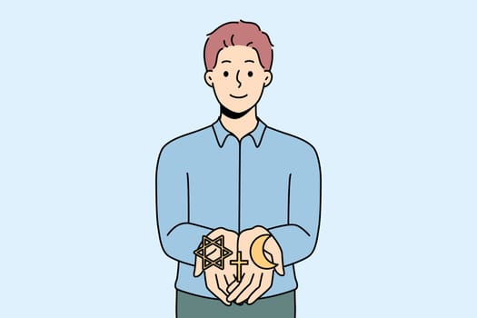 Smiling man holding different religions symbols in hands. Concept of interreligious signs. Christianity, islam and Judaism. Vector illustration.