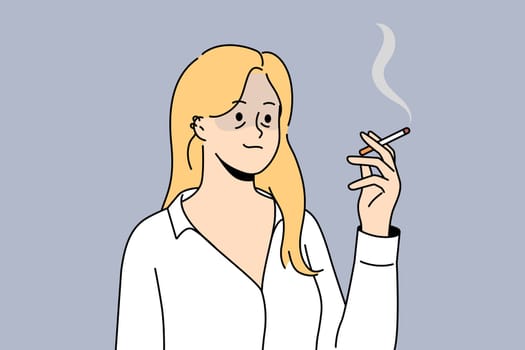 Unhealthy tired young woman feel overwhelmed smoking cigarette. Unhappy female employee with bad habit feeling exhausted and overworked. Vector illustration.