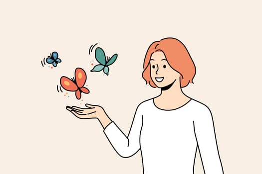 Smiling young woman with butterflies flying near hand. Happy female enjoy wild nature and outdoors. Vector illustration.