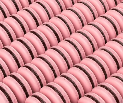 Many rows with pink french macarons filled with chocolate cream