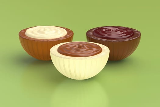 White, dark and milk chocolate candies with different fillings inside
