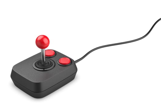 Retro computer joystick with two buttons on white background