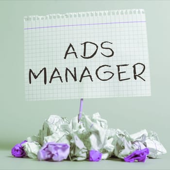 Text sign showing Ads Manager, Concept meaning oversee and control the various advertising activities