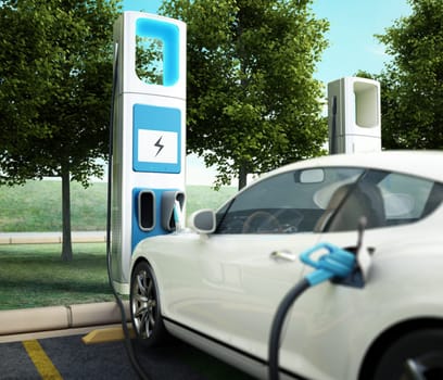 Electric car charging station. Focus on charging point at car parking lot. Future transport technology and clean energy concept. 3D illustration.