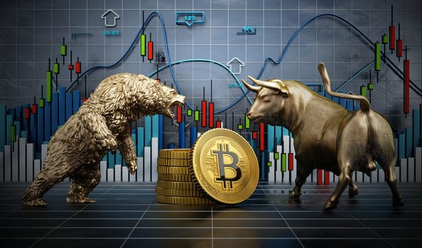 Golden bull and bear standing near generic Bitcoin cryptocurrencies. Stock charts in the background. 3D illustration.