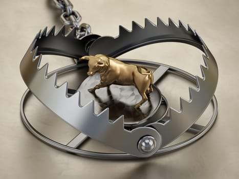 Golden bull figurine standing on bear trap. Stock market and finance risk concept. 3D illustration.