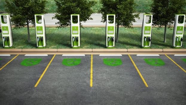 Electric car charging point at car parking lot. Future transport technology and clean energy concept. 3D illustration.