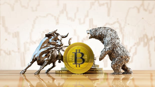 Silver bull and bear standing near generic Bitcoin cryptocurrencies. Stock charts in the background. 3D illustration.