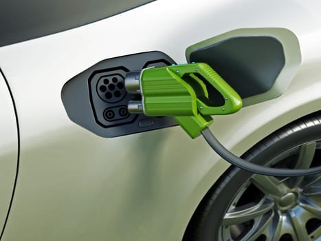 Electric car battery charging at charge station. 3D illustration.