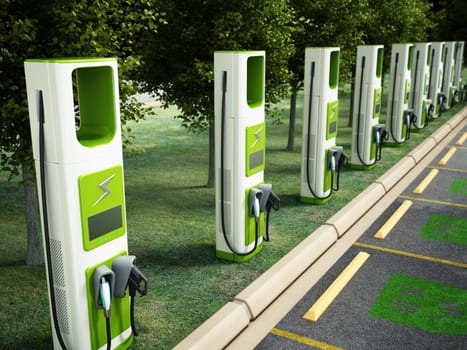 Electric car charging point at car parking lot. Future transport technology and clean energy concept. 3D illustration.