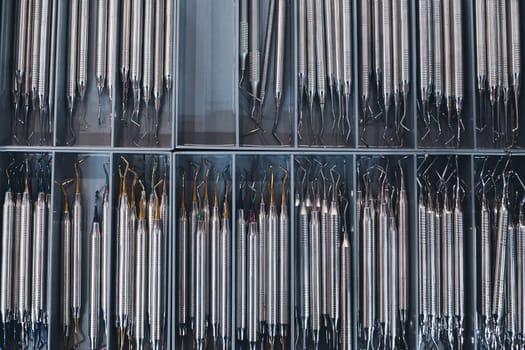 top view closeup of row of many basic stainless steel dental tools supplies on display in medical boxes