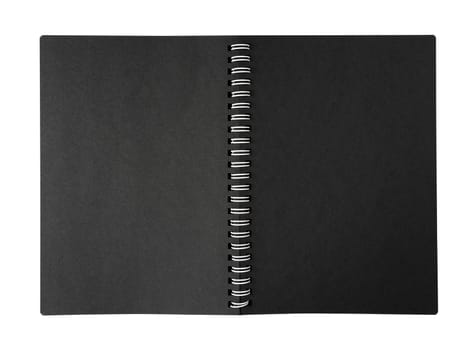 top view closeup of open notebook with metal spiral and black blank pages isolated on white