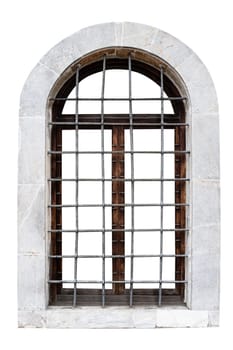 front view closeup of vintage window with stone marble frame protected with metallic railing bars isolated on white