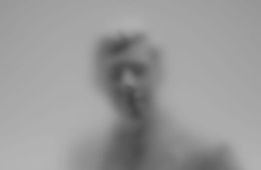 3d illustration privacy concept of blurry silhouette of unrecognizable stranger man in business suit watching outside from behind a transparent white frosted glass office window door