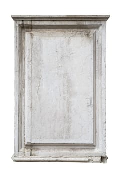 front view closeup of square empty classic ornamental frame signboard plaque on white marble stone wall isolated on white