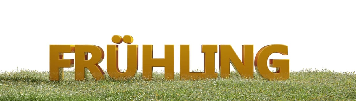 The German word spring with photorealistic grass hill on a white background, 3d rendering